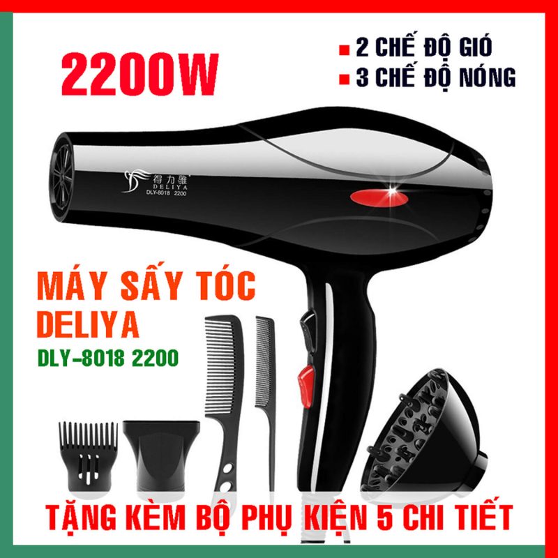 Máy Sấy Tóc Deliya 8018 2200W - 6 Chế Độ Sấy, 5 Phụ Kiện Cao Cấp, Sấy Nhanh Khô, Chính Hãng 8 Máy Sấy Tóc Tạo Kiểu DELIYA Công Suất Lớn 2200w | Tặng Kèm 5 Phụ Kiện | 3 Chế độ nóng - 2 Chế độ gió