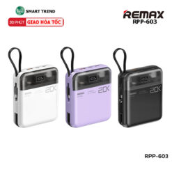 Pin sạc dự phòng Remax RPP-603 20000mAh tích hợp sạc nhanh QC3.0, VOOC 2.0, PD20W cùng 2 cáp sạc Type C và Lightning.