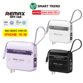 Củ Sạc Kiêm Pin Sạc Dự Phòng Remax RPP-588 15000mAh - Sạc Nhanh 45W, Tích Hợp Cáp Sạc