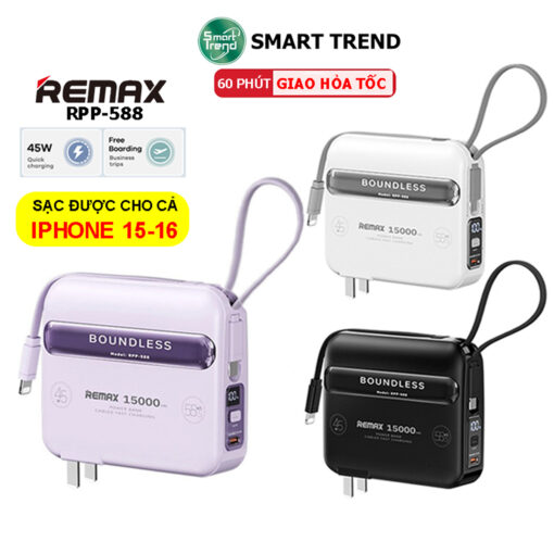Củ Sạc Kiêm Pin Sạc Dự Phòng Remax RPP-588 15000mAh - Sạc Nhanh 45W, Tích Hợp Cáp Sạc