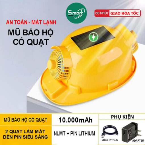 Mũ Bảo Hộ Có Quạt Năng Lượng Mặt Trời – Pin 10000mAh, Phun Sương, Bluetooth Đa Năng