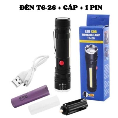 Den Pin Cam Tay Sieu Sang T6 26 COB – Zoom Xa Pin Sac USB Nam Cham Duoi 10
