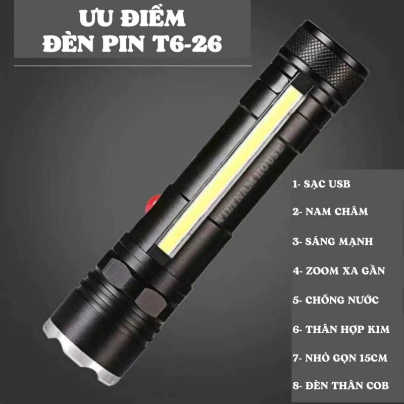 Den Pin Cam Tay Sieu Sang T6 26 COB – Zoom Xa Pin Sac USB Nam Cham Duoi 3