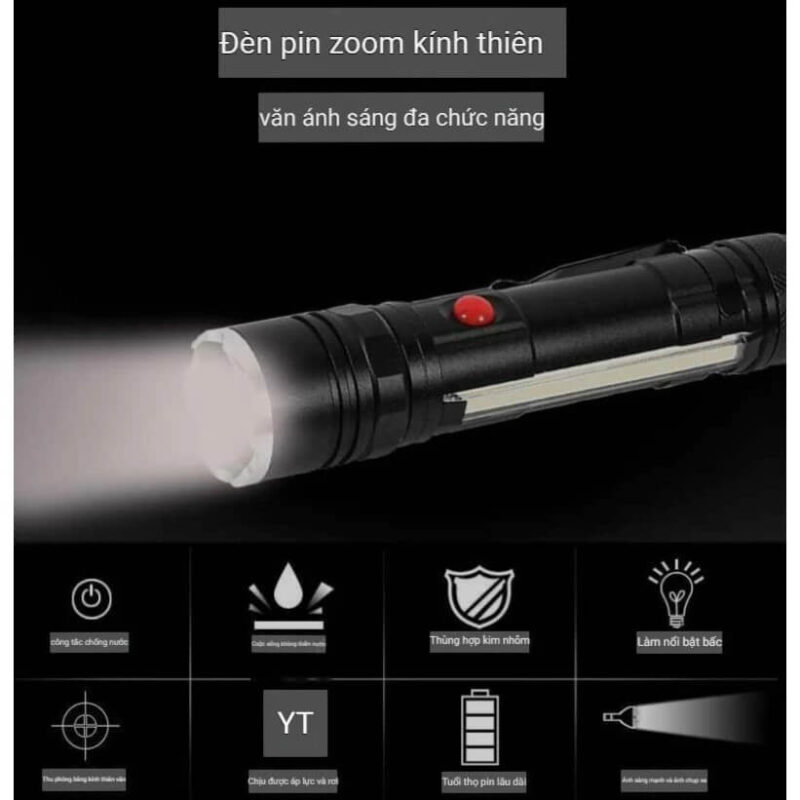 Den Pin Cam Tay Sieu Sang T6 26 COB – Zoom Xa Pin Sac USB Nam Cham Duoi 6