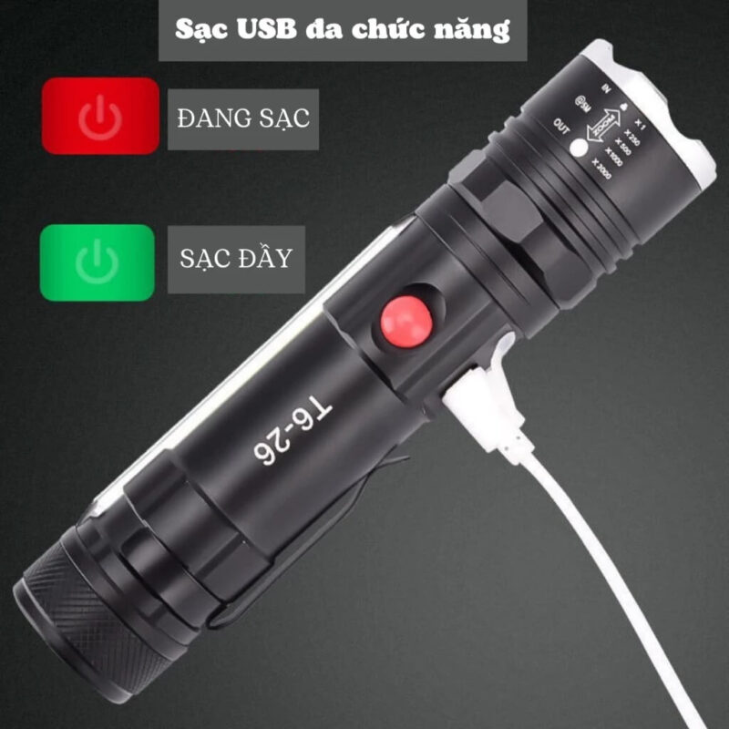 Den Pin Cam Tay Sieu Sang T6 26 COB – Zoom Xa Pin Sac USB Nam Cham Duoi 8