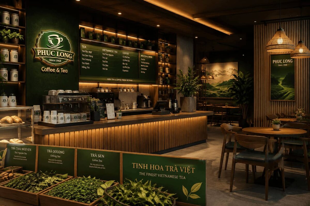 Không gian cửa hàng Phúc Long Coffee & Tea – minh chứng branding nhất quán qua không gian, ánh sáng và từng điểm chạm thương hiệu