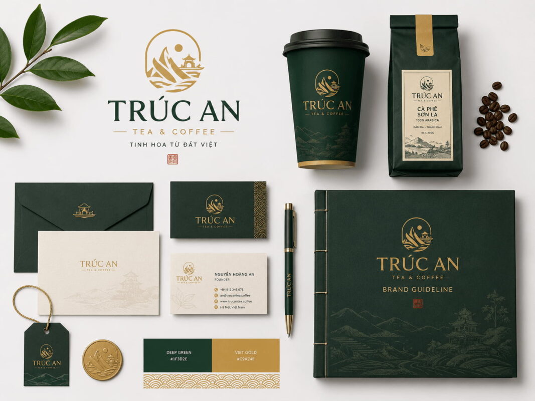 Bộ ấn phẩm nhận diện thương hiệu cafe cao cấp gồm logo, danh thiếp, bao bì, brand guideline – giải pháp branding trọn gói SmartTrend