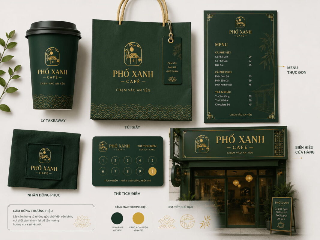 Bộ nhận diện thương hiệu cafe Việt Nam gồm ly takeaway, túi giấy, menu, thẻ tích điểm – ví dụ branding đồng bộ cho cafe, spa, shop