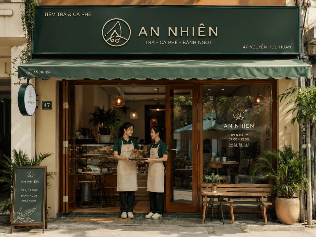 Mặt tiền cửa hàng cafe Việt Nam với bảng hiệu, đồng phục nhân viên đồng bộ – minh họa branding toàn diện cho quán cafe nhỏ
