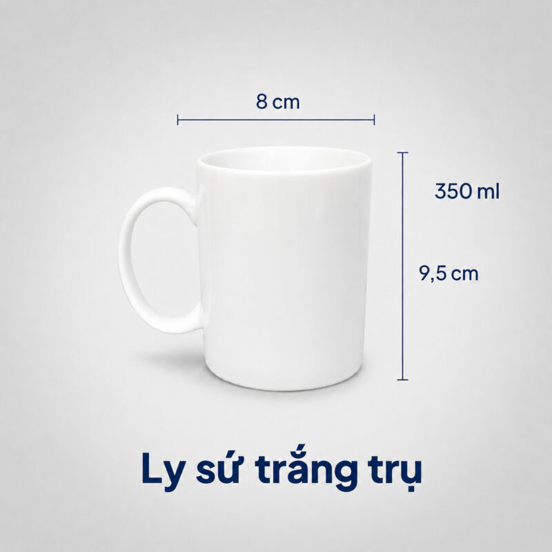 Ly sứ in logo doanh nghiệp TPHCM – kích thước 8cm, cao 9,5cm, dung tích 350ml