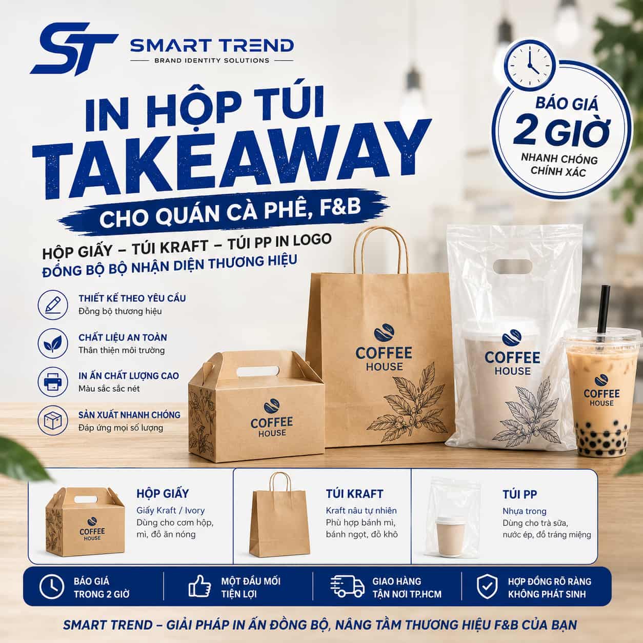 Hộp & túi takeaway in logo, đồng bộ màu thương hiệu — hộp giấy, túi kraft, túi PP cho cafe & F&B. Báo giá 2 giờ, giao tận nơi TP.HCM.
