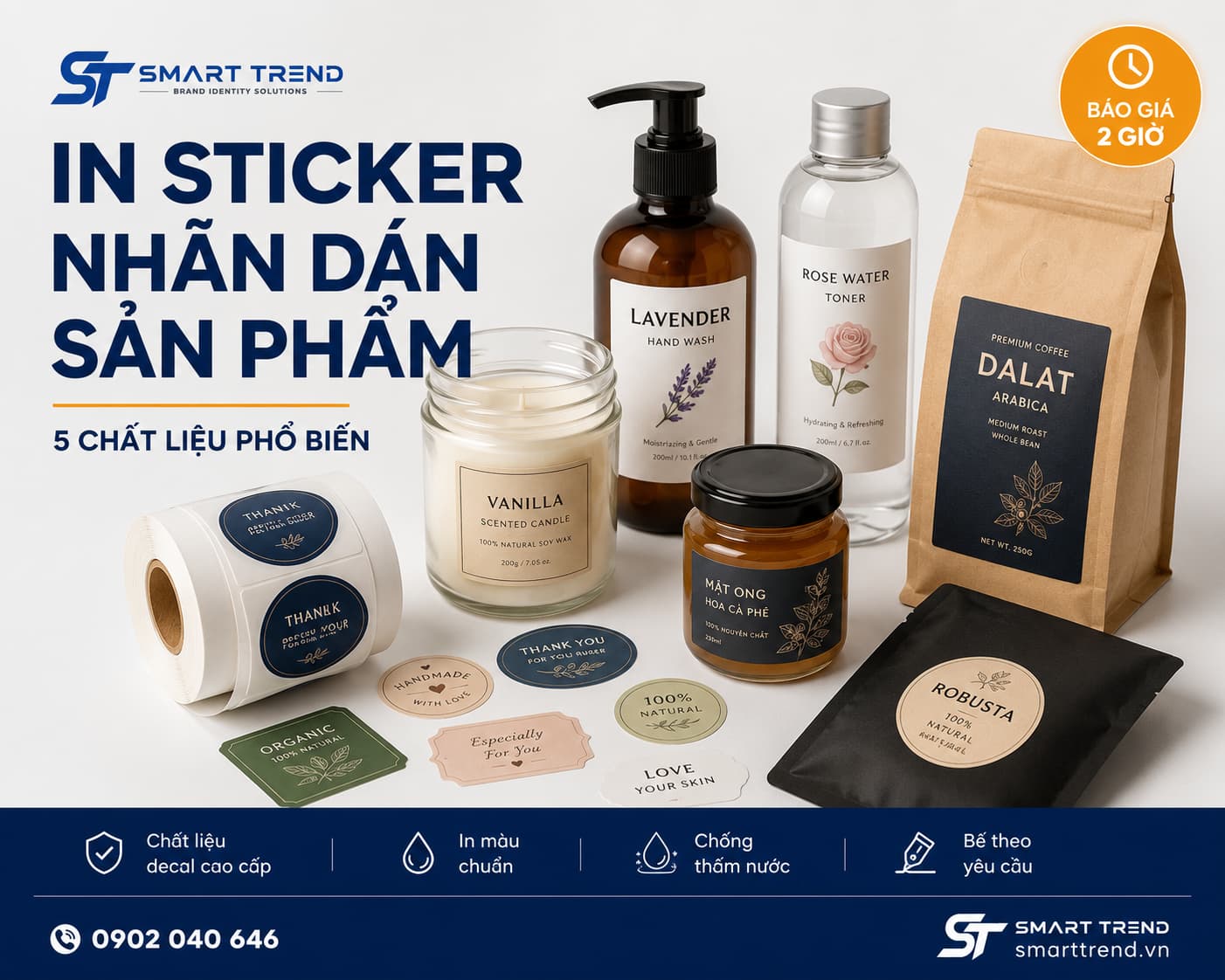 Mẫu sticker và nhãn dán sản phẩm đa dạng chất liệu decal - ứng dụng cho chai lọ mỹ phẩm, hũ mật ong, túi cà phê