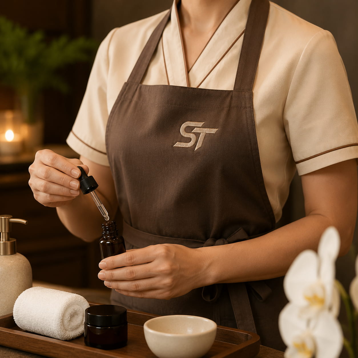 May Đồng Phục Spa Salon Theo Yêu Cầu - 5 Chất Liệu Vải 5 Tạp dề spa nail salon in thêu logo thương hiệu - Smart Trend