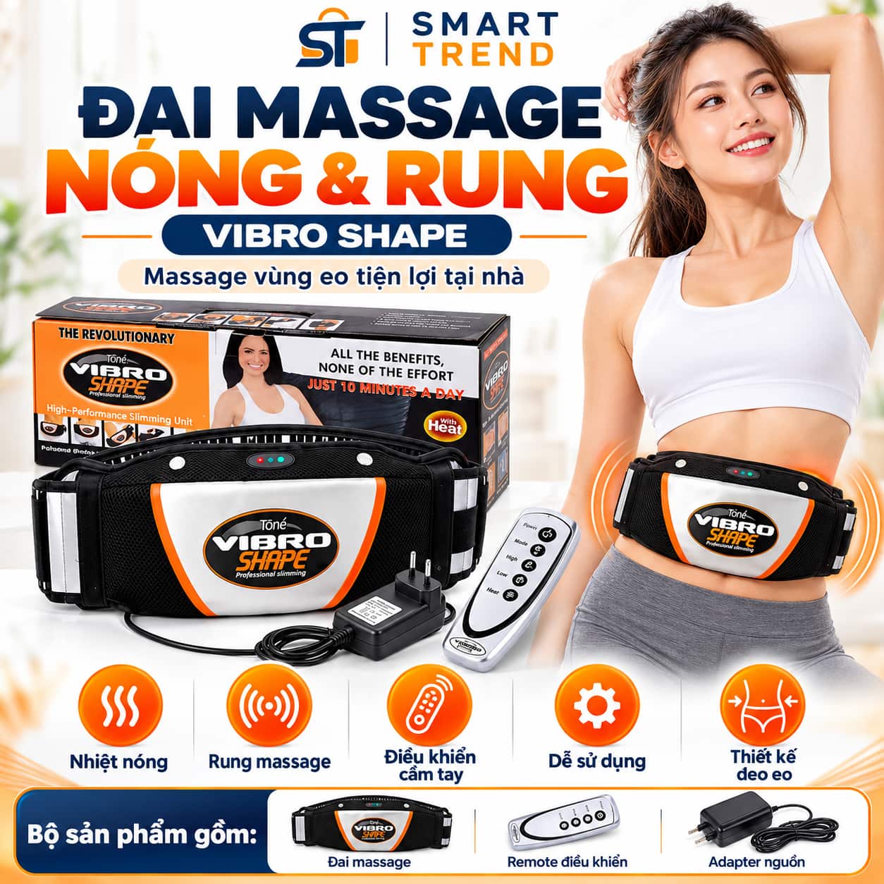 Đai Massage Bụng Vibro Shape Nóng & Rung – 5 Mức Massage, Điều Khiển Cầm Tay 2 Đai massage bụng Vibro Shape nóng và rung có remote điều khiển