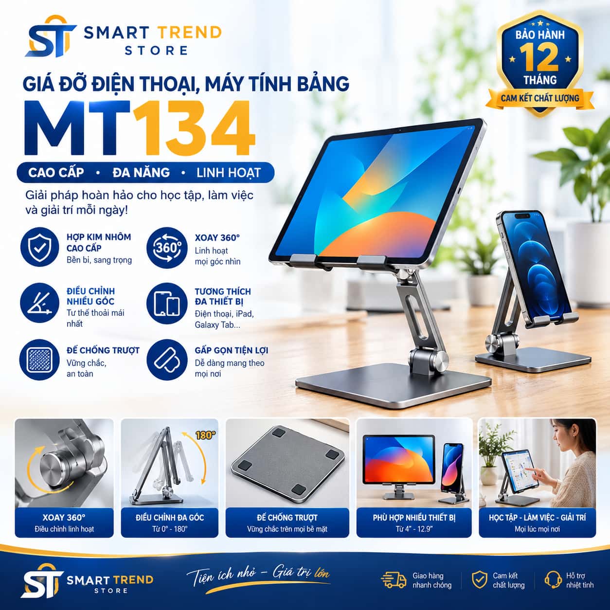 Giá Đỡ Điện Thoại, Máy Tính Bảng MT134 – Hợp Kim Nhôm, Gấp Gọn, Điều Chỉnh Góc 15 gia do dien thoai may tinh bang mt134 smart tren 13