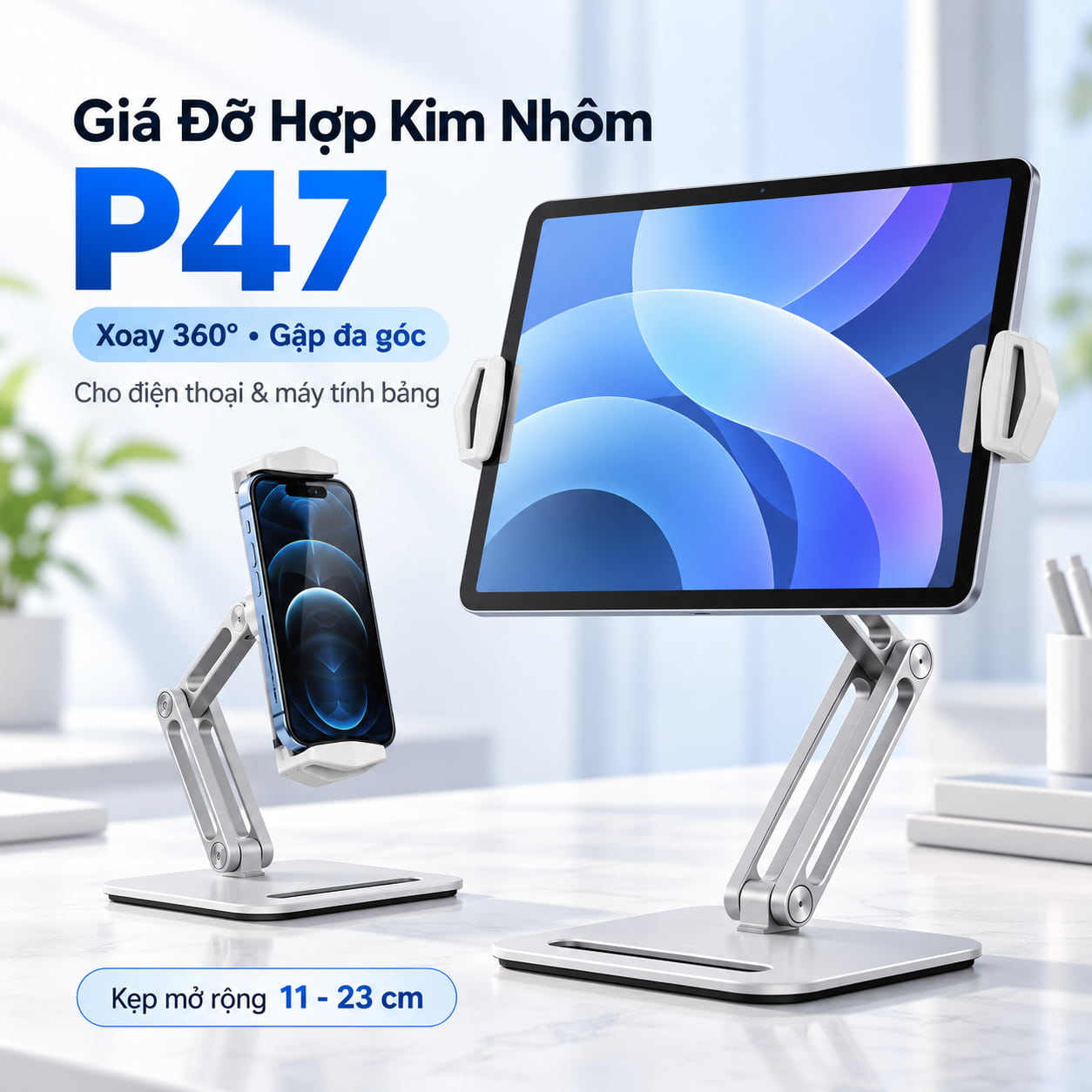 Giá Đỡ Hợp Kim Nhôm P47 Cho Điện Thoại, iPad & Máy Tính Bảng – Xoay 360°, Gập Đa Góc 1 Giá đỡ hợp kim nhôm P47 cho điện thoại iPad máy tính bảng xoay 360 độ, gập đa góc