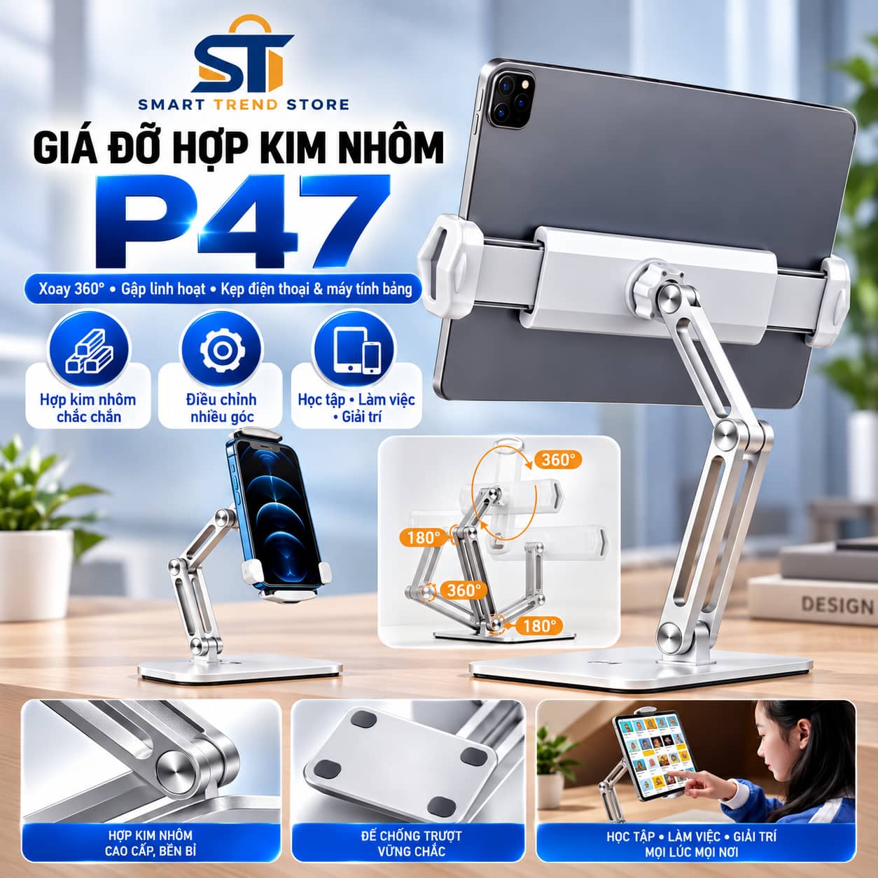 Giá Đỡ Hợp Kim Nhôm P47 Cho Điện Thoại, iPad & Máy Tính Bảng – Xoay 360°, Gập Đa Góc 2 Giá đỡ P47 hợp kim nhôm cho iPad điện thoại và máy tính bảng