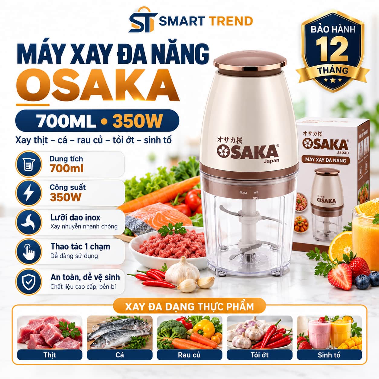 Máy Xay Đa Năng Osaka 700ml 350W – Xay Thịt, Cá, Rau Củ, Tỏi Ớt 2 Máy xay đa năng Osaka 700ml công suất 350W xay thịt rau củ quả lưỡi dao không gỉ