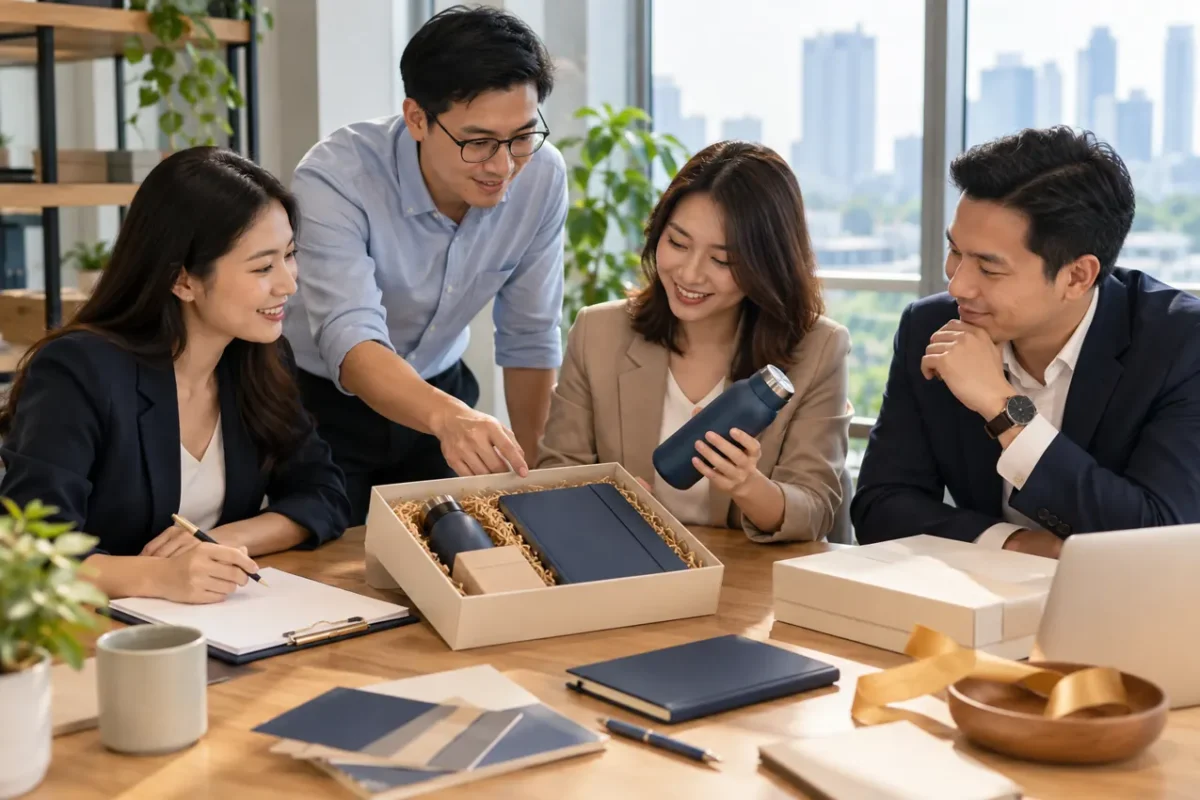 Yêu cầu báo giá quà tặng doanh nghiệp: 7 thông tin nên chuẩn bị 1 Nhóm doanh nghiệp chuẩn bị yêu cầu báo giá quà tặng với mẫu hộp và sản phẩm minh họa