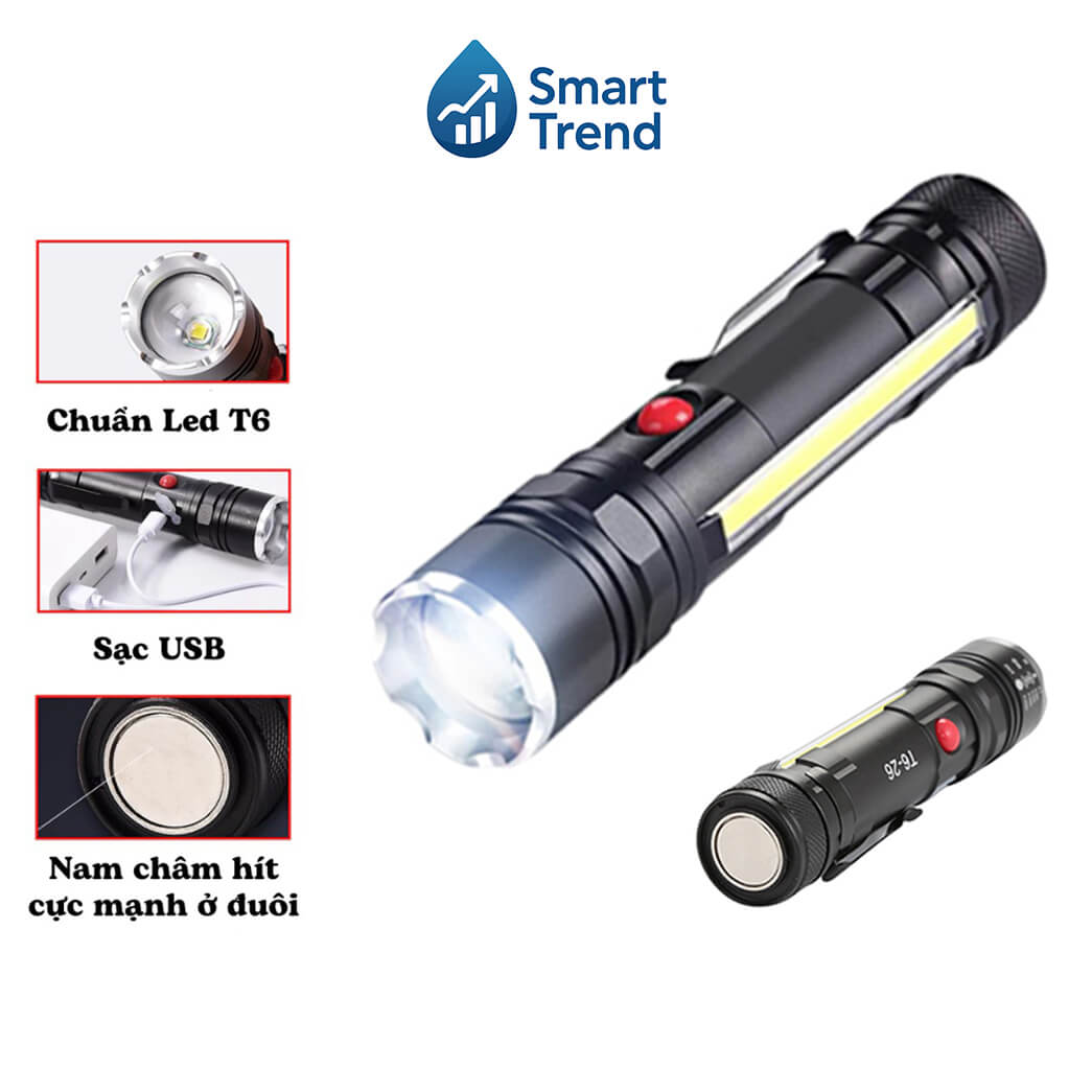 Đèn Pin Cầm Tay T6-26 COB – Zoom, Nam Châm Đuôi, Sạc USB 1 Đèn pin cầm tay T6-26 COB zoom xa, nam châm đuôi, sạc USB