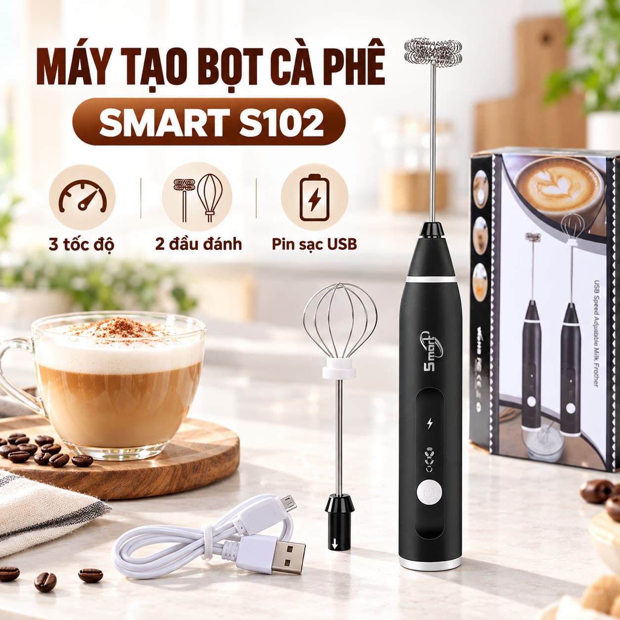 Máy Tạo Bọt Cà Phê Smart S102 3 Tốc Độ – Đánh Trứng, Pin Sạc USB Máy tạo bọt cà phê Smart S102 3 tốc độ đánh trứng pin sạc USB