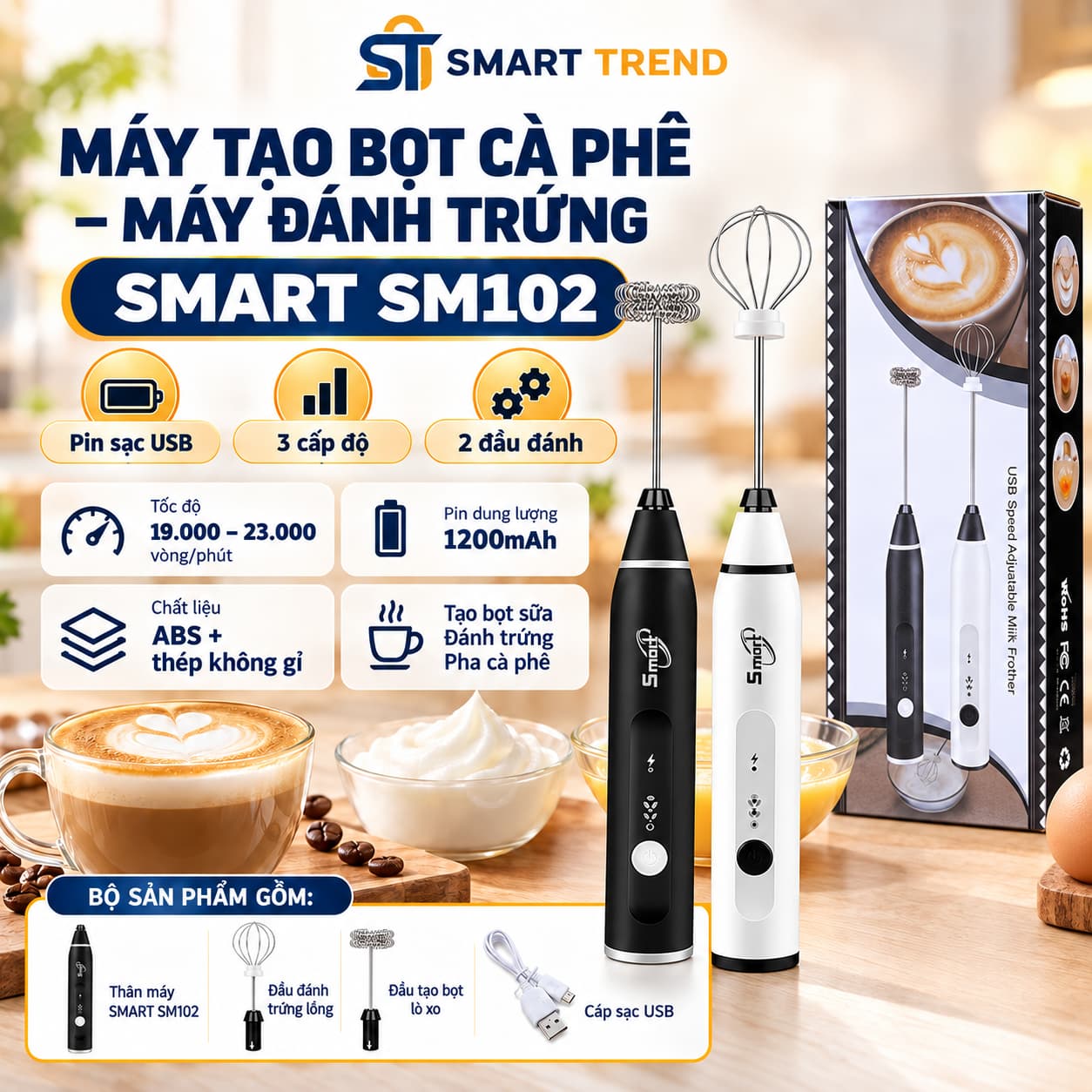 Máy Tạo Bọt Cà Phê Smart S102 – 3 Tốc Độ, 2 Đầu Đánh Máy tạo bọt cà phê Smart S102 3 tốc độ 2 đầu đánh pin sạc USB 1200mAh