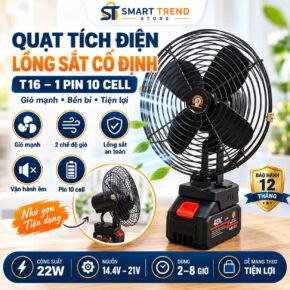 Quạt tích điện lồng sắt T16 pin 10 cell kèm sạc