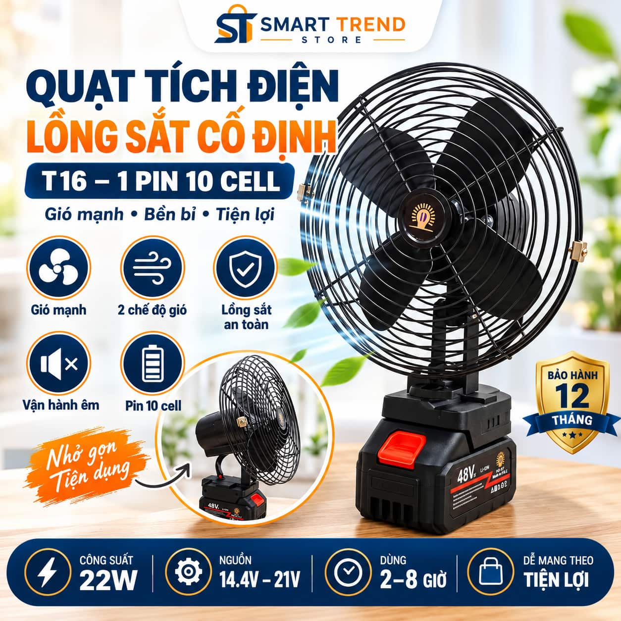 Quạt Tích Điện Lồng Sắt T16 Pin 10 Cell Quạt tích điện lồng sắt T16 pin 10 cell kèm sạc