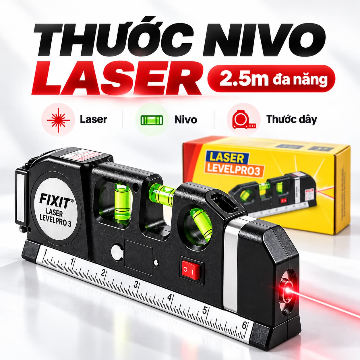 Thước Nivo Laser Đa Năng 2.5m – Cân Bằng Ngang Dọc, Đo Góc Thước nivo laser đa năng 2.5m cân bằng ngang dọc đo góc