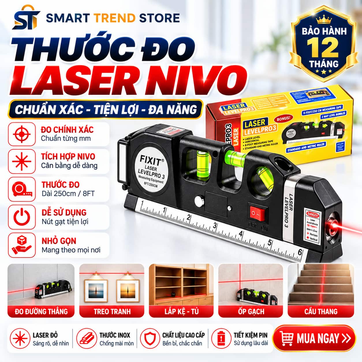 Thước Nivo Laser Đa Năng 2.5m Thước Nivo Laser đa năng tích hợp thước dây 2.5m